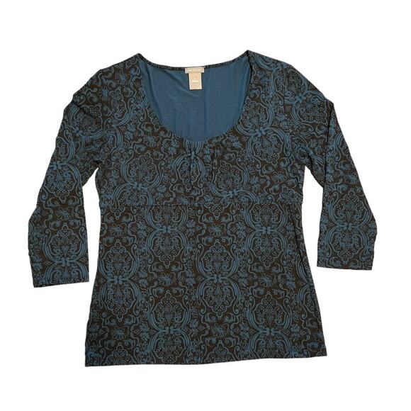 Ann Taylor Scoop Neck Top Size Medium Black Teal Floral Pattern 3/4 Sleeves - Picture 3 of 8